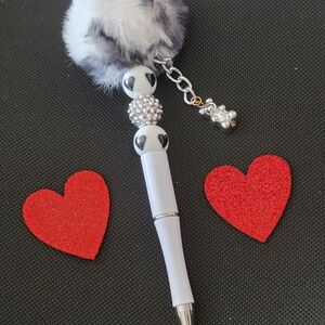 White and Silver Pom Pom Pen with Charm
